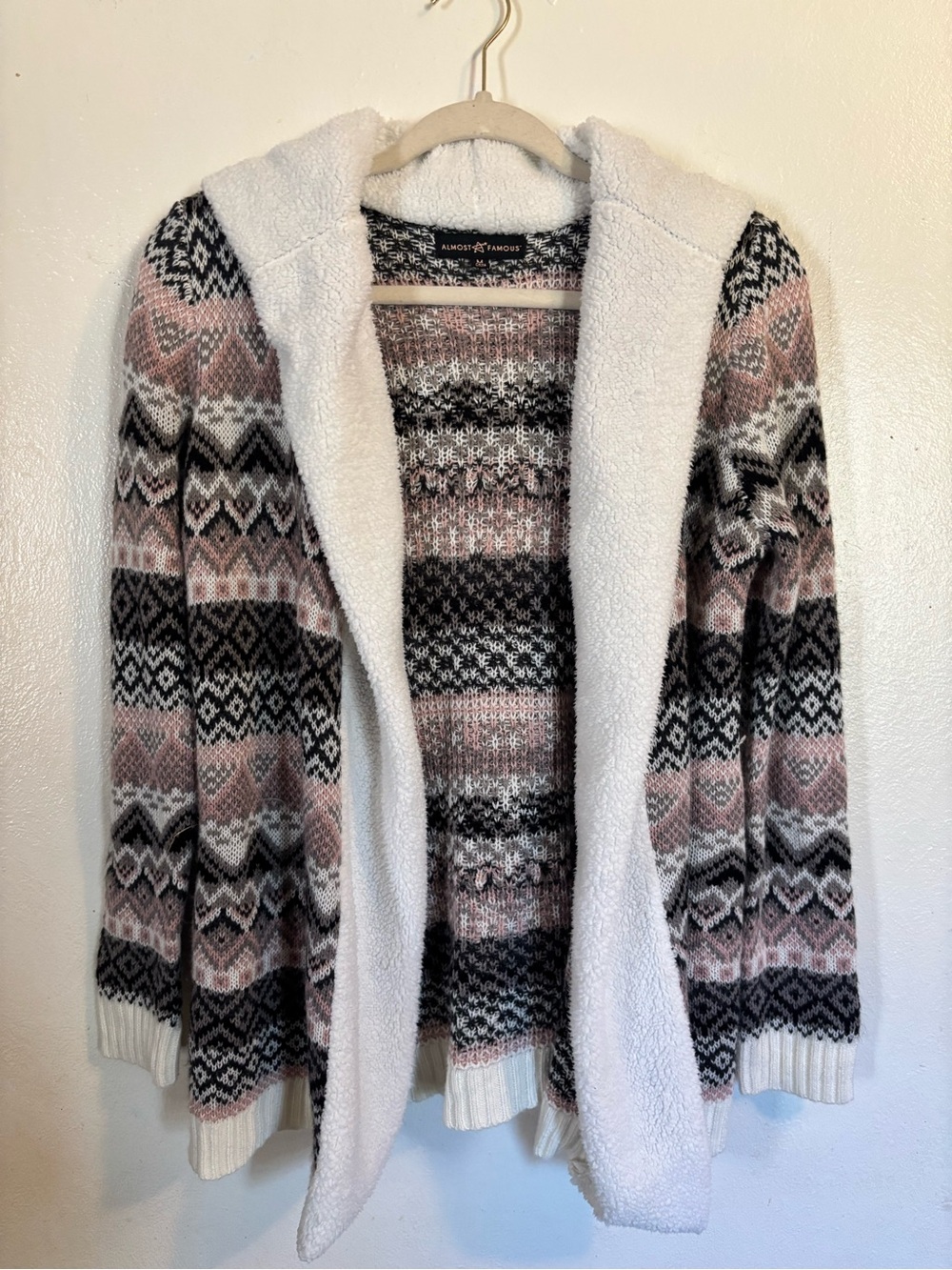 Almost Famous Pink, Black & Cream Patterned Hooded Cardigan